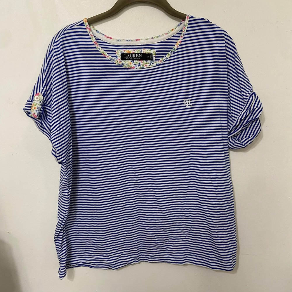 Lauren Ralph Lauren Pajama Set‎ Blue White Striped Floral Trim XL Womens READ
